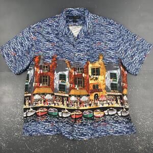 Guy Buffet Hawaiian Shirt Mens 2XL Blue Camp Resort Silk Italian or Spanish AOP